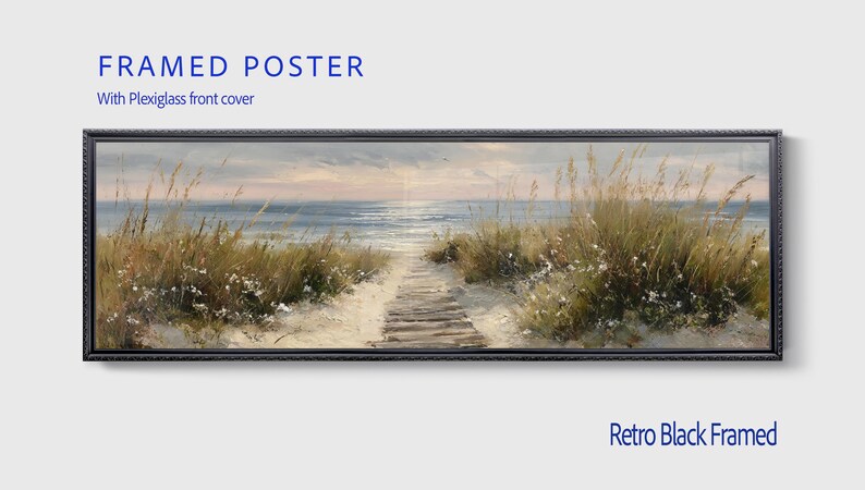 May include: A panoramic framed poster featuring a coastal landscape with a wooden boardwalk leading toward the ocean. The scene includes tall beach grasses, white flowers, and a calm sea under a soft sky. The artwork is enclosed in a retro black frame.