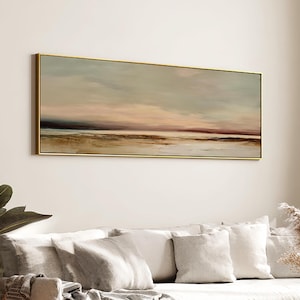 Quiet Horizon Canvas Print – Calm Coastal Abstract Landscape Wall Art | Extra Large Beige, Sage & Blush Decor | Minimalist Framed Canvas