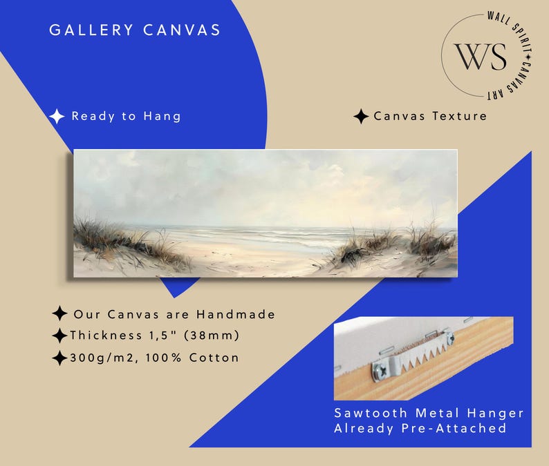 May include: A rectangular gallery canvas featuring a coastal landscape painting with a sandy beach, dunes, and a calm sea under a soft sky. The canvas has a 1.5 inch thickness and includes a pre-attached sawtooth metal hanger on the wooden frame.