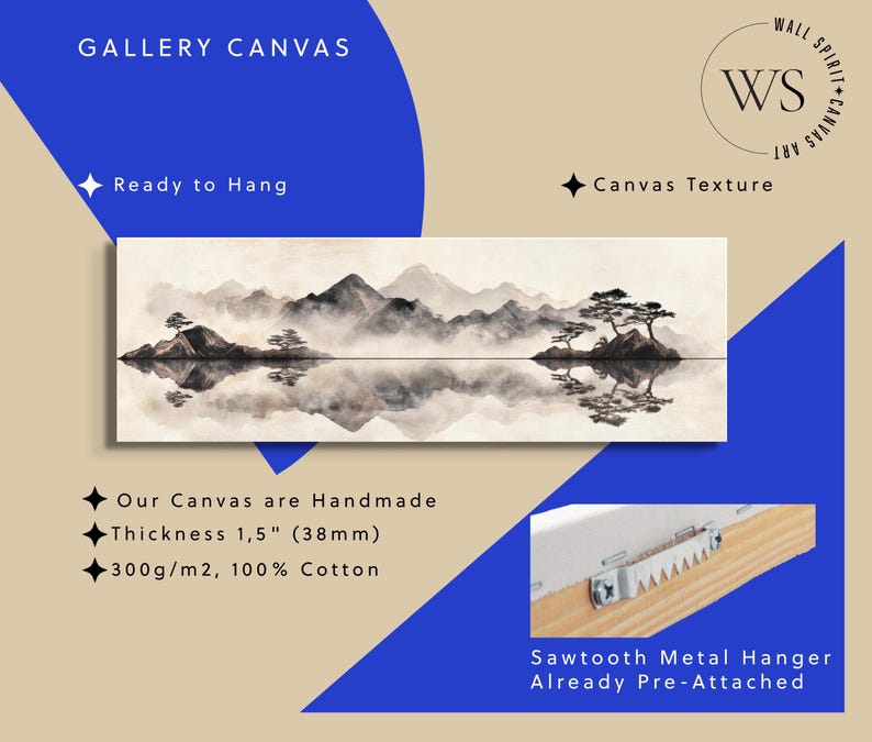 May include: Gallery canvas art print featuring a serene landscape with mountains, trees, and water reflections. The artwork is in shades of gray and brown. The canvas is 1.5 inches (38mm) thick and made of 100% cotton. The text "GALLERY CANVAS" and "Ready to Hang" are visible.