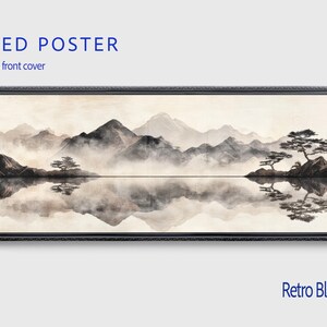 May include: Framed poster with a serene landscape scene. The artwork features a mountain range, trees, and a reflective body of water, all rendered in shades of gray and black. The poster is encased in a retro black frame with a Plexiglass front cover.