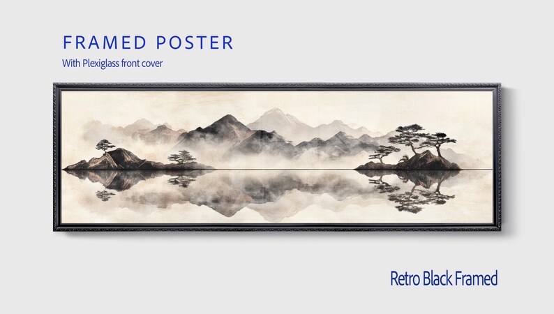 May include: Framed poster with a serene landscape scene. The artwork features a mountain range, trees, and a reflective body of water, all rendered in shades of gray and black. The poster is encased in a retro black frame with a Plexiglass front cover.