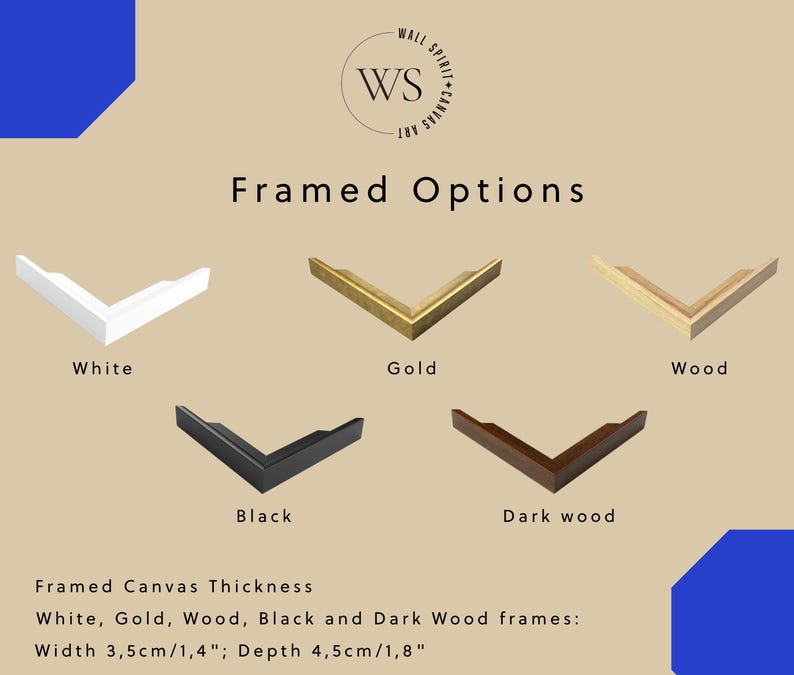 May include: Five corner frame samples in white, gold, natural wood, black, and dark wood finishes. Text reads Wall Spirit Canvas Art, Framed Options, and Framed Canvas Thickness. Dimensions are listed as 3.5 cm/1.4 inches width and 4.5 cm/1.8 inches depth.