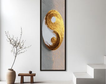 Japanese Yin Yang Wall Art - Japandi Gold & White Balance Decor  | Vertical Canvas Print