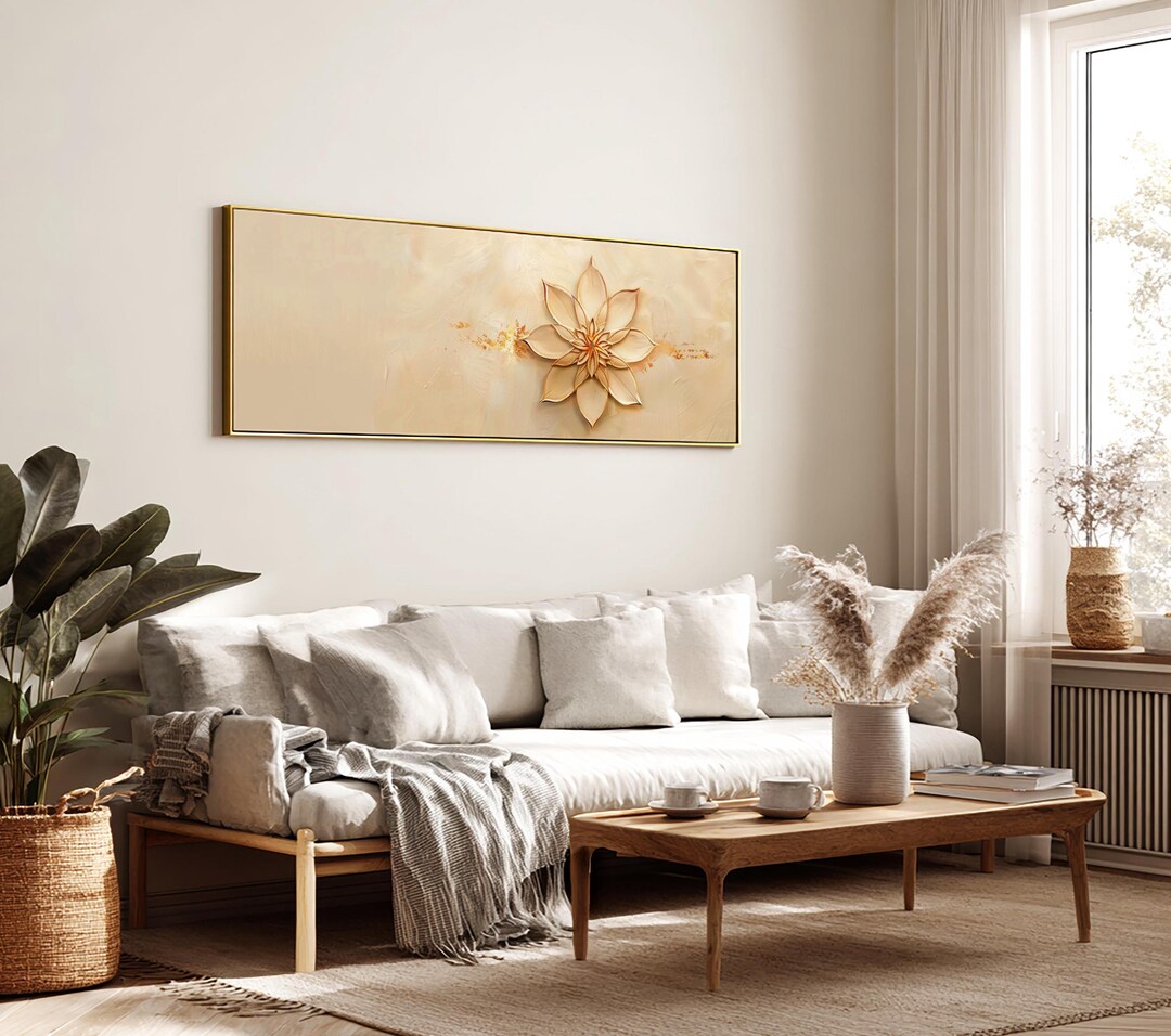 Golden Lotus Flower Wall Art — Beige & Gold Spiritual Artwork ...