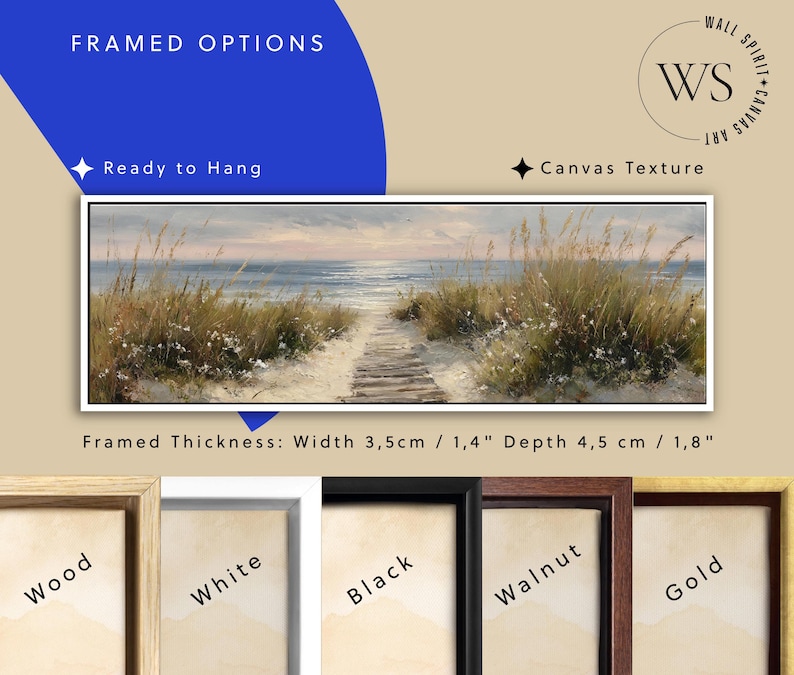 May include: A panoramic framed canvas print featuring a beach path through dunes leading to the ocean at sunset. The frame has a width of 1.4 inches and a depth of 1.8 inches. Five frame color options are shown: wood, white, black, walnut, and gold.