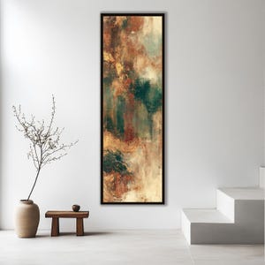 May include: A tall, vertical rectangular wall art piece featuring an abstract composition with blended layers of deep forest green, warm burnt orange, earthy brown, and creamy beige tones, all enclosed within a thin, dark brown frame.