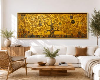 Gustav Klimt Inspired Tree of Life - Art Nouveau Gold Mosaic Decor | Panoramic Canvas Print