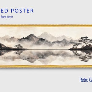 May include: A framed poster with a Plexiglass front cover. The artwork depicts a serene landscape with mountains, trees, and a reflective lake in shades of gray and white. The frame is a retro gold color. Text on the poster reads "FRAMED POSTER" and "Retro Gold Framed".