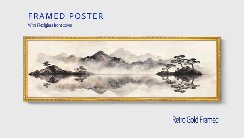 May include: A framed poster with a Plexiglass front cover. The artwork depicts a serene landscape with mountains, trees, and a reflective lake in shades of gray and white. The frame is a retro gold color. Text on the poster reads "FRAMED POSTER" and "Retro Gold Framed".