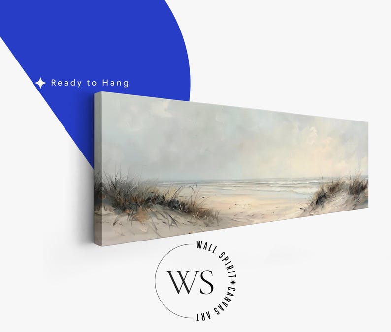 May include: A panoramic canvas print featuring a coastal landscape with sandy dunes, tall beach grass, and a calm ocean under a soft, overcast sky. The artwork displays muted beige, gray, and white tones. Text on the image reads Ready to Hang.