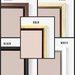 May include: A collage of five rectangular frames featuring a light beige canvas interior. The frames are labeled Walnut, Wood, Gold, Black, and White, showcasing different finishes including dark brown wood, light wood, metallic gold, matte black, and white.