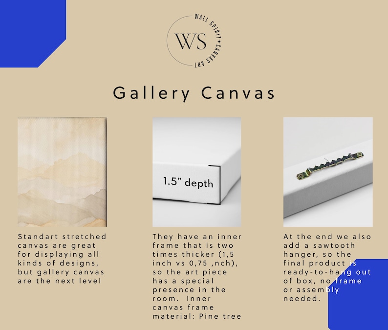 May include: Gallery canvas art details. The image shows a gallery canvas with a 1.5-inch depth, a sawtooth hanger, and text describing the canvas features. The canvas is ready to hang and has a pine tree frame.
