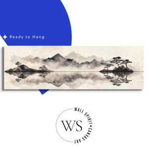 May include: A panoramic canvas print featuring a serene landscape with mountains, trees, and a reflective body of water. The artwork is in shades of gray and beige, with the text "Ready to Hang" in the upper left corner. The canvas is labeled with the text "WALL SPIRIT CANVAS ART".