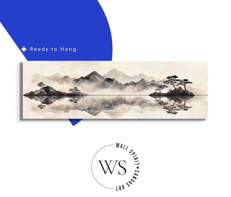 May include: A panoramic canvas print featuring a serene landscape with mountains, trees, and a reflective body of water. The artwork is in shades of gray and beige, with the text "Ready to Hang" in the upper left corner. The canvas is labeled with the text "WALL SPIRIT CANVAS ART".