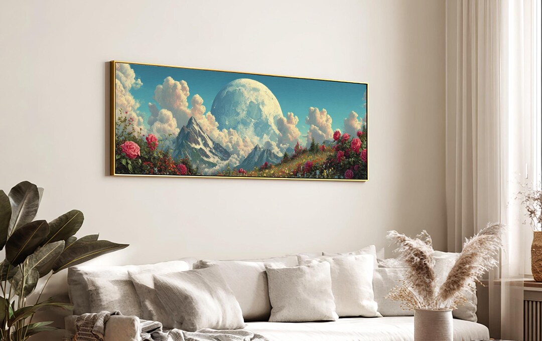 Surreal Moon Canvas Art: Floral Mountain Landscape Framed Print - Etsy