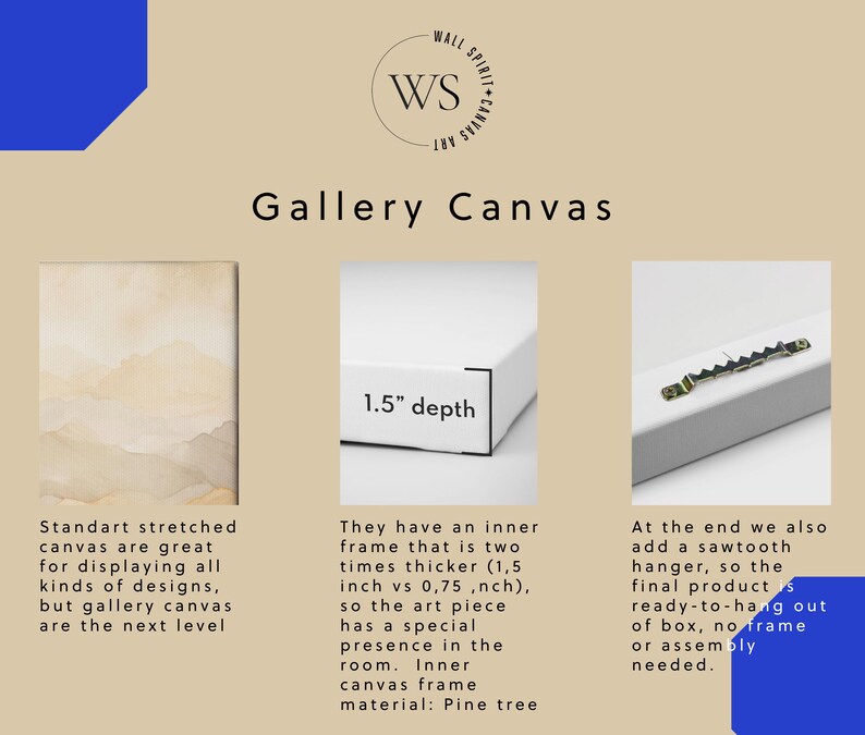 May include: A gallery canvas product display featuring a beige background with the text Wall Spirit Canvas Art and Gallery Canvas. It shows a watercolor landscape, a side view with 1.5 inch depth, and a metal sawtooth hanger on the back.