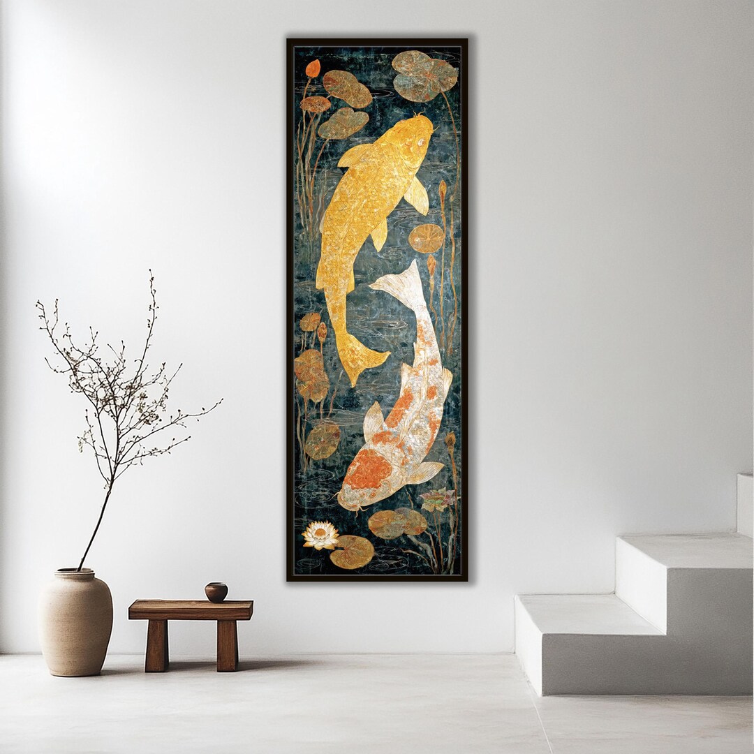 Japanese Koi Fishes & Lotus Flower Wall Art - Japandi Living Room Decor ...