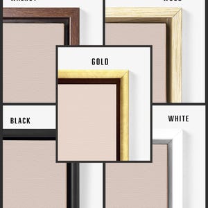 May include: A collage of five rectangular frames featuring a light beige canvas interior. The frames are labeled with their respective finishes: Walnut, Wood, Gold, Black, and White. Each frame displays a clean, mitered corner design with a flat profile.