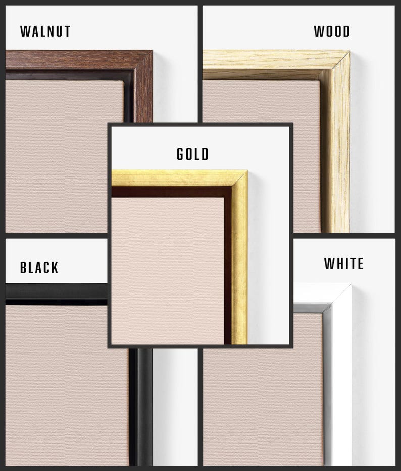 May include: A collage of five rectangular frames featuring a light beige canvas interior. The frames are labeled with their respective finishes: Walnut, Wood, Gold, Black, and White. Each frame displays a clean, mitered corner design with a flat profile.