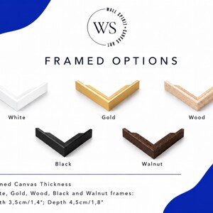 May include: Five corner frame samples labeled White, Gold, Wood, Black, and Walnut. Text reads WALL SPIRIT CANVAS ART, FRAMED OPTIONS, and Framed Canvas Thickness: White, Gold, Wood, Black and Walnut frames: Width 3.5cm/1.4", Depth 4.5cm/1.8".