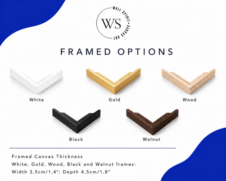 May include: Five corner frame samples labeled White, Gold, Wood, Black, and Walnut. Text reads WALL SPIRIT CANVAS ART, FRAMED OPTIONS, and Framed Canvas Thickness: White, Gold, Wood, Black and Walnut frames: Width 3.5cm/1.4", Depth 4.5cm/1.8".