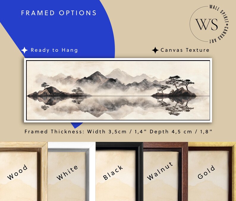 May include: Framed canvas art featuring a serene landscape with mountains, trees, and a reflective body of water. The artwork is in shades of gray and white, with a width of 1.4 inches and a depth of 1.8 inches. The text "FRAMED OPTIONS" is visible.