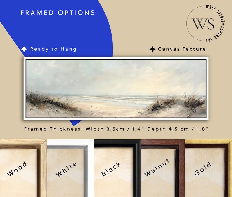 May include: A panoramic framed canvas print featuring a beach landscape with sand dunes, tall grass, and a calm ocean under a soft sky. The frame has a width of 1.4 inches and a depth of 1.8 inches. Available frame finishes include wood, white, black, walnut, and gold.