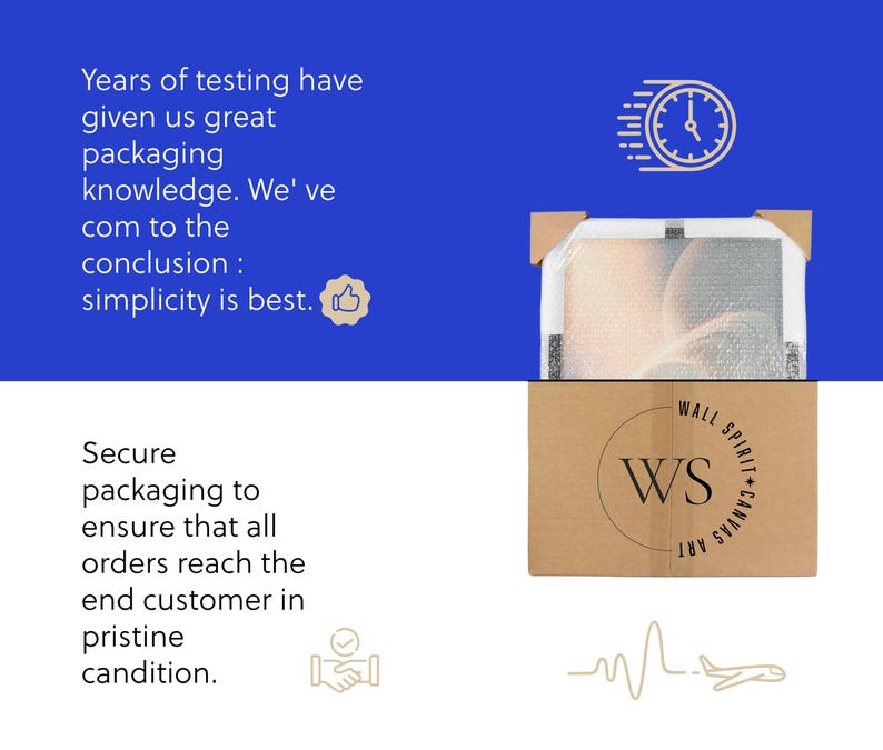 May include: A brown cardboard shipping box with the logo WS WALL SPIRIT CANVAS ART printed on the front. The box contains a canvas wrapped in protective bubble wrap. Text on the blue background reads: Years of testing have given us great packaging knowledge. We've com to the conclusion : simplicity is best. Secure packaging to ensure that all orders reach the end customer in pristine candition.