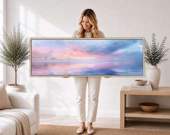 Minimalist Ocean Horizon Wall Art - Contemporary Wide Sunset Framed Artwork | Panoramic Canvas Print