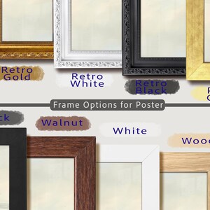 May include: A collection of eight rectangular poster frames displayed in two rows. The top row features ornate Retro Gold, Retro White, Retro Black, and flat Pure Gold frames. The bottom row shows flat Black, Walnut, White, and light Wood frames.