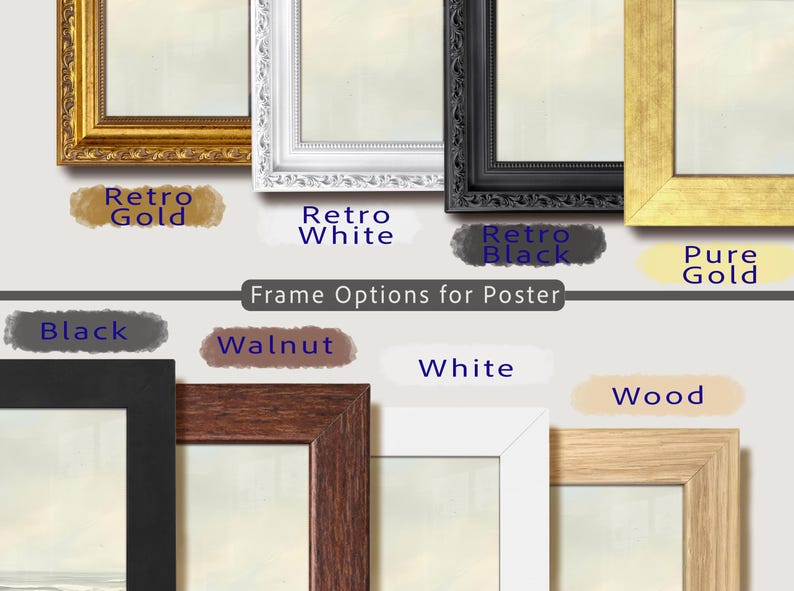 May include: A collection of eight rectangular poster frames displayed in two rows. The top row features ornate Retro Gold, Retro White, Retro Black, and flat Pure Gold frames. The bottom row shows flat Black, Walnut, White, and light Wood frames.