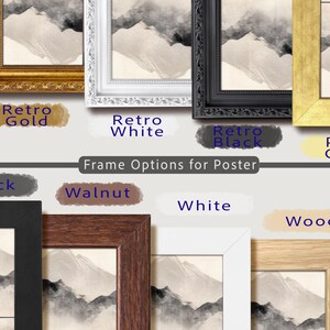 May include: A display of framed art prints with various frame options. Frames include gold, white, black, walnut, and wood finishes. The art features a grayscale mountain landscape. Text labels identify frame styles like "Retro Gold" and "Pure Gold".