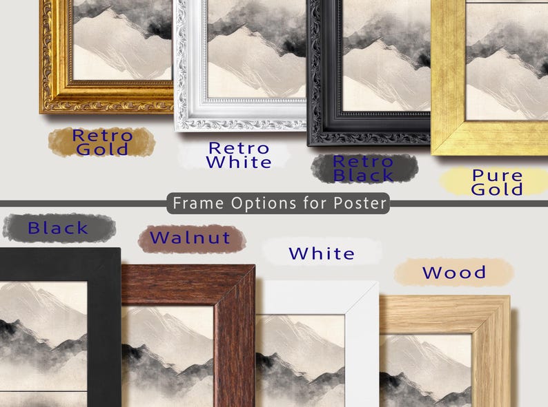 May include: A display of framed art prints with various frame options. Frames include gold, white, black, walnut, and wood finishes. The art features a grayscale mountain landscape. Text labels identify frame styles like "Retro Gold" and "Pure Gold".