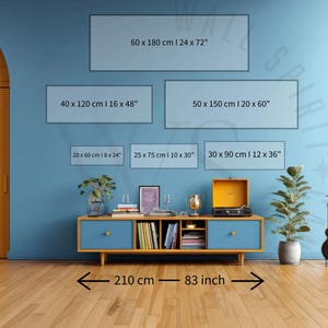May include: A blue wall display featuring six rectangular frames with dimensions 60x180 cm (24x72 inches), 40x120 cm (16x48 inches), 50x150 cm (20x60 inches), 20x60 cm (8x24 inches), 25x75 cm (10x30 inches), and 30x90 cm (12x36 inches).