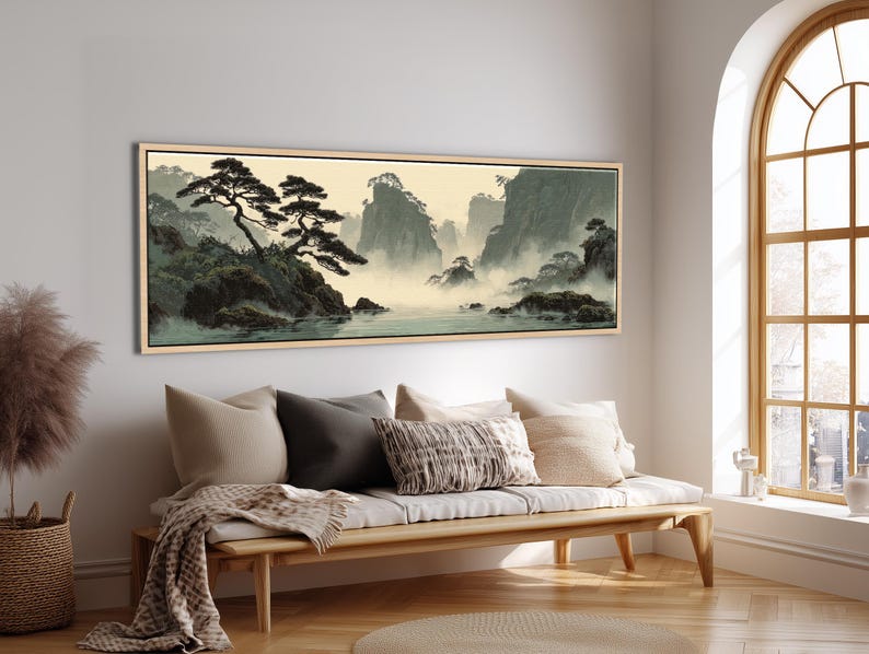 Japanese Landscape Wall Art | Japandi Mountain & Pine Trees Framed ...