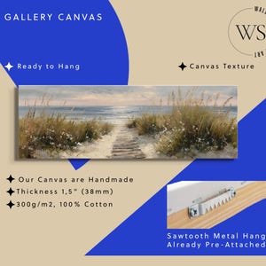 May include: A rectangular gallery canvas print featuring a coastal landscape with a wooden path leading to the ocean through sand dunes and tall grass. The canvas has a thickness of 1.5 inches and includes a pre-attached sawtooth metal hanger.