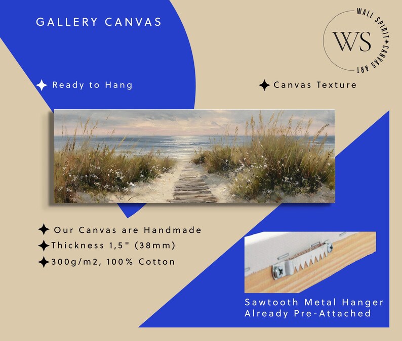 May include: A rectangular gallery canvas print featuring a coastal landscape with a wooden path leading to the ocean through sand dunes and tall grass. The canvas has a thickness of 1.5 inches and includes a pre-attached sawtooth metal hanger.
