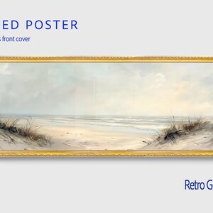 May include: A panoramic framed poster featuring a coastal beach scene with sand dunes, tall grasses, and a calm ocean under a soft sky. The artwork is enclosed in a textured retro gold frame with a plexiglass front cover. Text reads FRAMED POSTER.