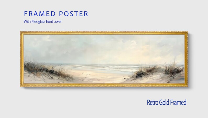 May include: A panoramic framed poster featuring a coastal beach scene with sand dunes, tall grasses, and a calm ocean under a soft sky. The artwork is enclosed in a textured retro gold frame with a plexiglass front cover. Text reads FRAMED POSTER.
