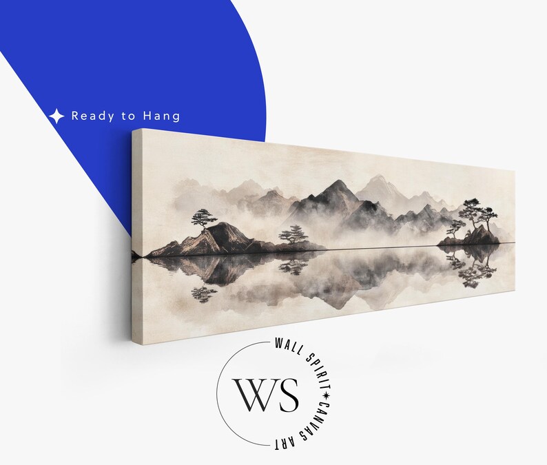 May include: A long, rectangular canvas print featuring a serene landscape with mountains, trees, and a reflective lake. The artwork is in shades of gray and beige, with the text "Ready to Hang" visible. The Wall Spirit Canvas Art logo is also present.
