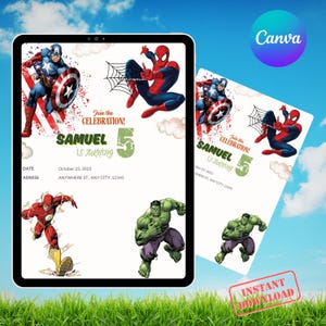 Superhero Birthday Invitation For Kids, Captain America Hulk Flash Spiderman Party, Editable Digital Evite