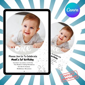 Eerste verjaardagsuitnodiging, Under The Stars-uitnodiging met foto, verjaardagsuitnodiging voor kinderen, bewerkbare en downloadbare mobiele Evite
