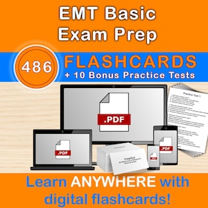 Könnte beinhalten: Orange-blaue Grafik zur Förderung der EMT Basic Exam Prep. Das Bild zeigt einen Laptop, ein Tablet, ein Smartphone und Karteikarten mit dem Text "486 Flashcards + 10 Bonus Practice Tests". Der Text "Learn ANYWHERE with digital flashcards!" ist ebenfalls enthalten.