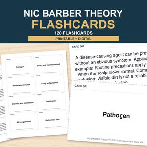 Może przedstawiać: Zestaw fiszek Nic Barber Theory zawierający 120 kart do druku i w wersji cyfrowej. Karty zawierają tekst edukacyjny z terminami takimi jak Pathogen, Bacteria and viruses oraz Sterilization, wraz ze szczegółowymi wyjaśnieniami na odwrocie.