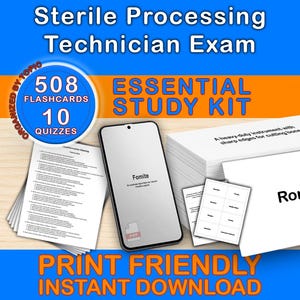 May include: An educational study kit for the Sterile Processing Technician Exam. The image shows flashcards, quizzes, and a smartphone with the word "Fomite" on the screen. The text "Essential Study Kit" is also visible.