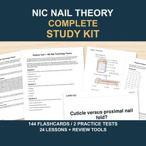 May include: A NIC Nail Theory Complete Study Kit featuring 144 flashcards, 2 practice tests, and 24 lessons. The kit includes printed study guides, practice test sheets with multiple-choice questions, a nail unit diagram, and a practice tracker.