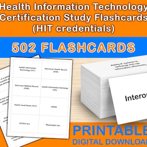 Puede incluir: Una pila de tarjetas blancas con la palabra "Interoperabilidad" en la parte delantera. La imagen también muestra algunas tarjetas con términos como "Health Information Technology" y "Electronic Health Record". Se muestra el texto "502 FLASHCARDS".