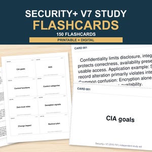 Könnte beinhalten: Security+ V7 Lernkarteikarten mit 150 druckbaren und digitalen Karten. Die Karten zeigen Fachbegriffe wie CIA goals, AAA, control functions und zero trust roles in schwarzer Schrift auf weißem Hintergrund, inklusive detaillierter Erklärungen.