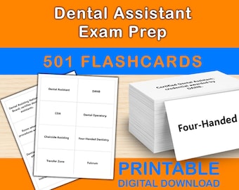 May include: Image of flashcards for Dental Assistant Exam Prep. The image shows a stack of white flashcards with black text, including terms like "Dental Assistant" and "DANB." The background is orange and blue with the text "501 FLASHCARDS" and "PRINTABLE DIGITAL DOWNLOAD."